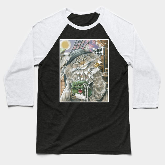 Cat Pirate Treasure - White Outlined Version Baseball T-Shirt by Nat Ewert Art